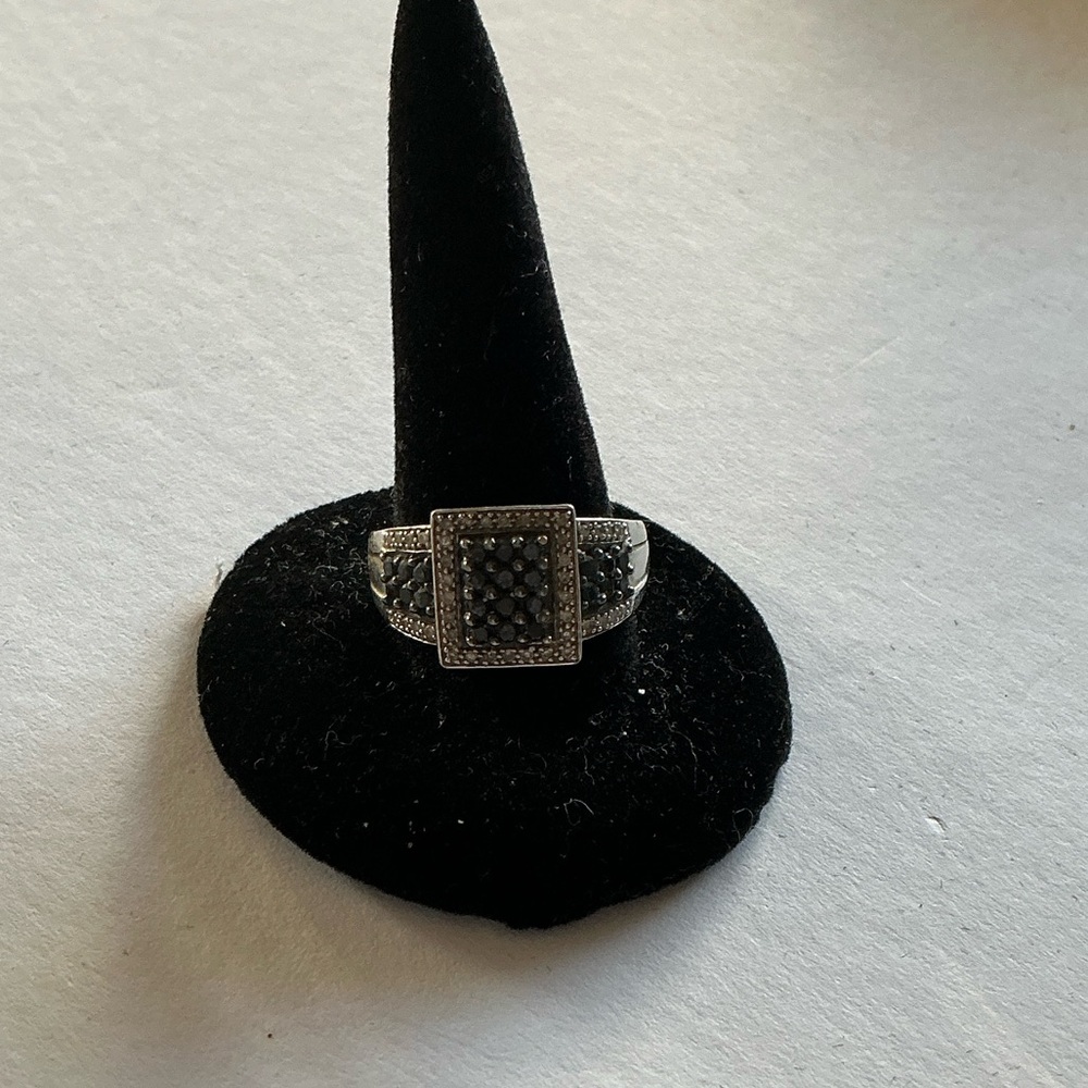 Elegant Black and White Crystal Ring with Sterling Pave Band